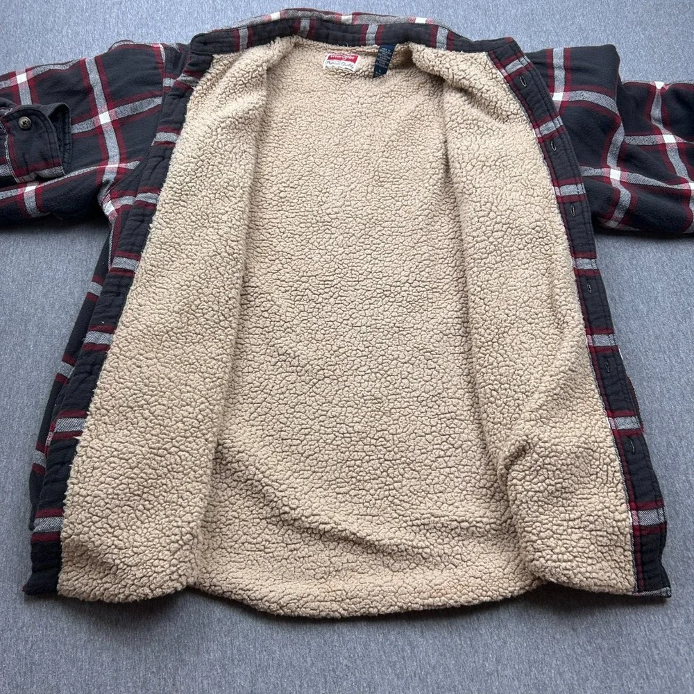 Wrangler Sherpa Lined Flannel Shacket Mens Large Brown Red Plaid Jacket Workwear